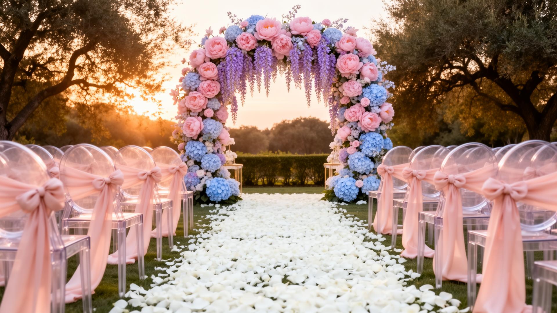 Cerimônia ao ar livre com arco floral pastel