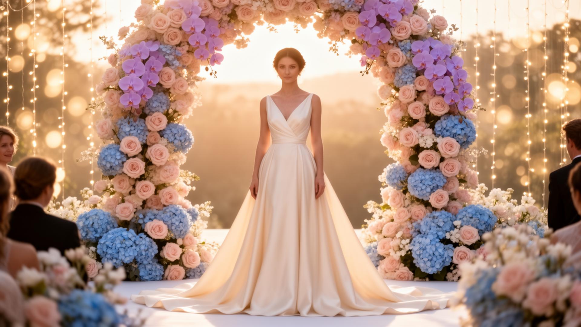 Noiva sob arco floral em cerimônia luxuosa ao pôr do sol